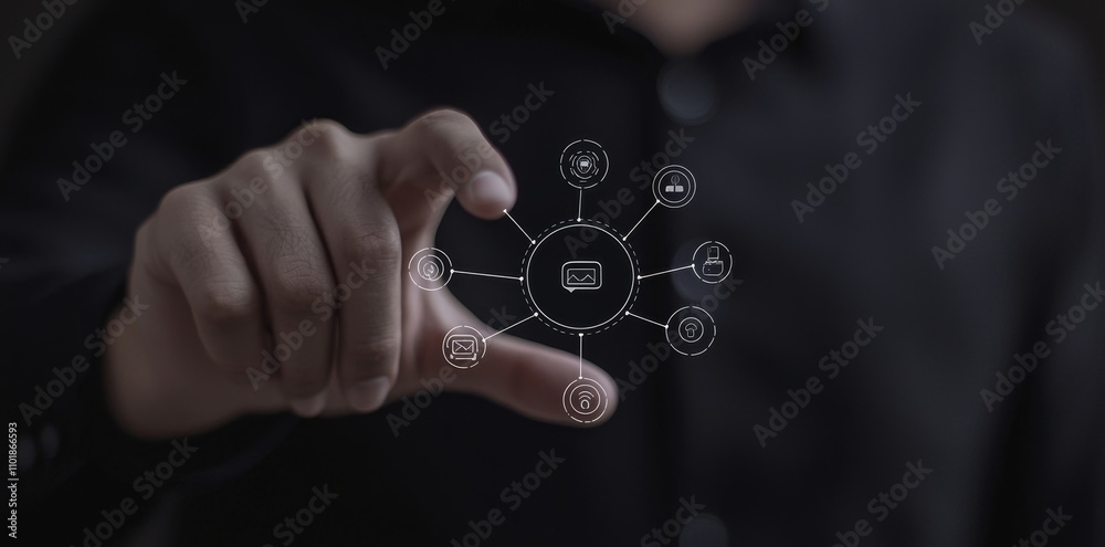 Poster hand pointing at a whiteboard or virtual screen by a businessman