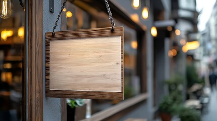 A rustic wooden sign hangs outside a cozy establishment, framed by warm lights and inviting ambiance, perfect for attracting customers.