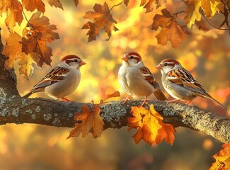 Fototapeta premium A pair of funny sparrows sits under the golden foliage of an oak tree in the autumn park