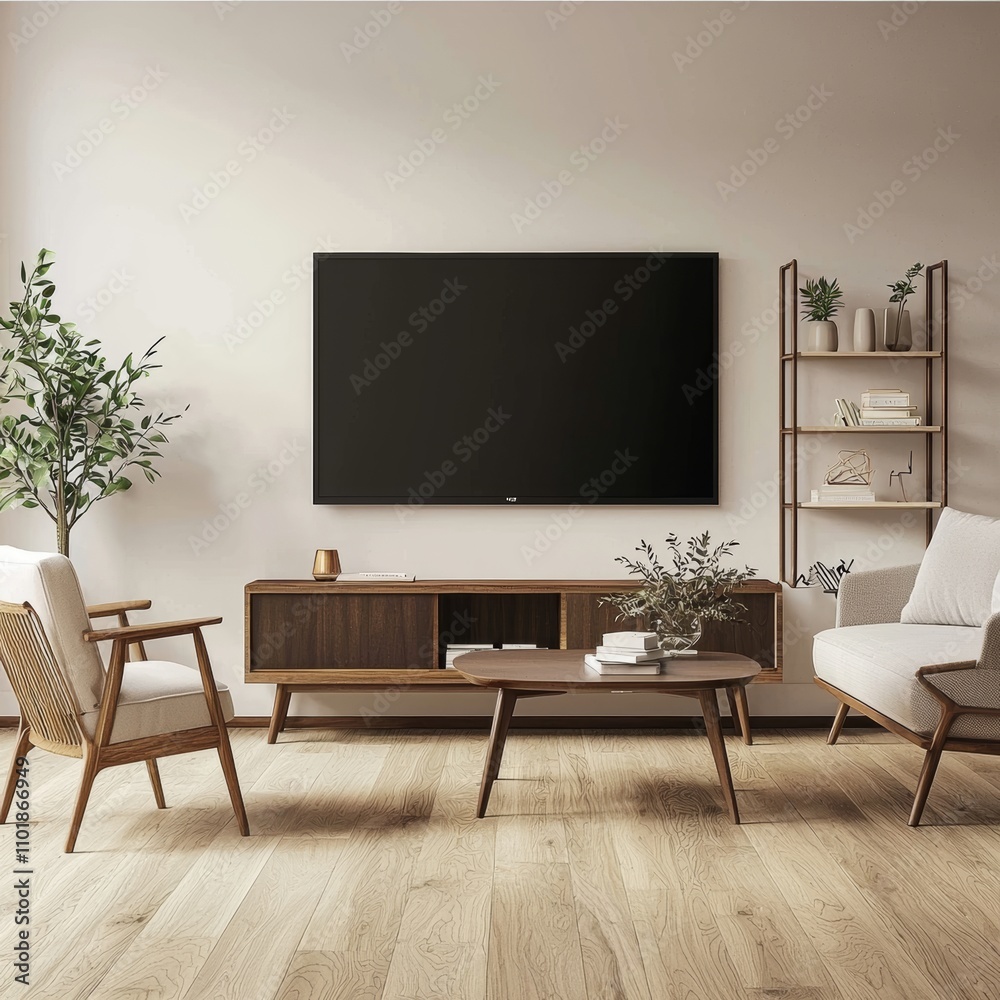 Aufkleber an empty white picture frame stands in front of a modern living room design in 3d.