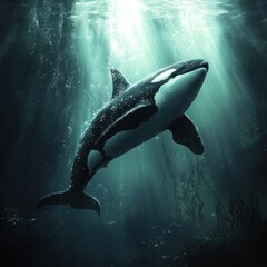 Fototapeta premium A majestic orca, or killer whale, swims through the ocean depths, illuminated by a shaft of sunlight.