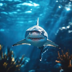 Naklejka premium A great white shark swims towards the camera with its mouth slightly open, showing its sharp teeth. The shark is in clear, blue water, with sunlight shining through the surface.