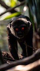 Intense Gaze of a Black Furred Monkey with Red Eyes in a Jungle