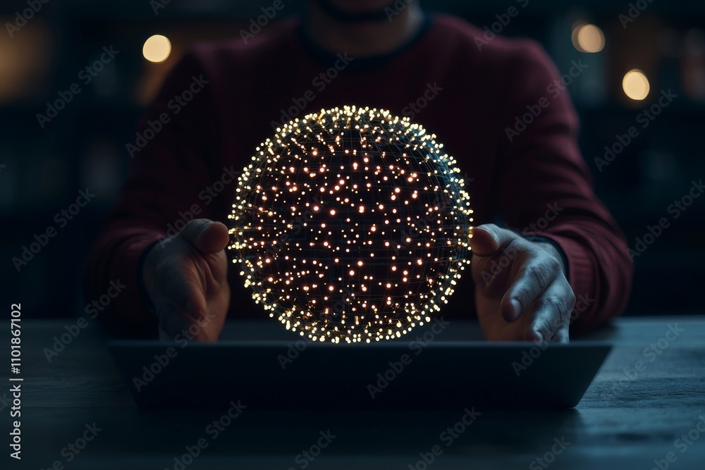 Poster Concept of global internet network connection technology, IoT, Internet of Things. Business man using mobile phone and laptop computer with global network and technology icons displayed.