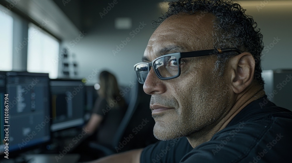 Poster An employee or consultant makes backup data at a darkened evening room workstation indoors. An image from the network technologies concept.
