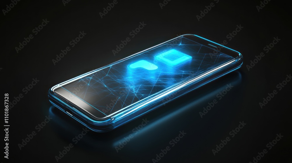 Poster futuristic smartphone displaying abstract blue interface