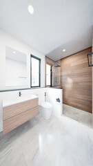 Modern Bathroom Design with White Oak Wall Tiles and Dark Grey Tiles Flooring
