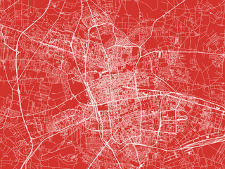 Christmas Map of Lodz, Poland in Snowy White on Festive Red Background.