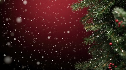 A festive Christmas tree with sparkling ornaments and falling snowflakes set against a rich dark red background, ideal for holiday spirit