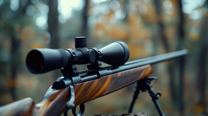 A close-up shot of a rifle on a tripod in a wooded area, great for outdoor or hunting themed projects