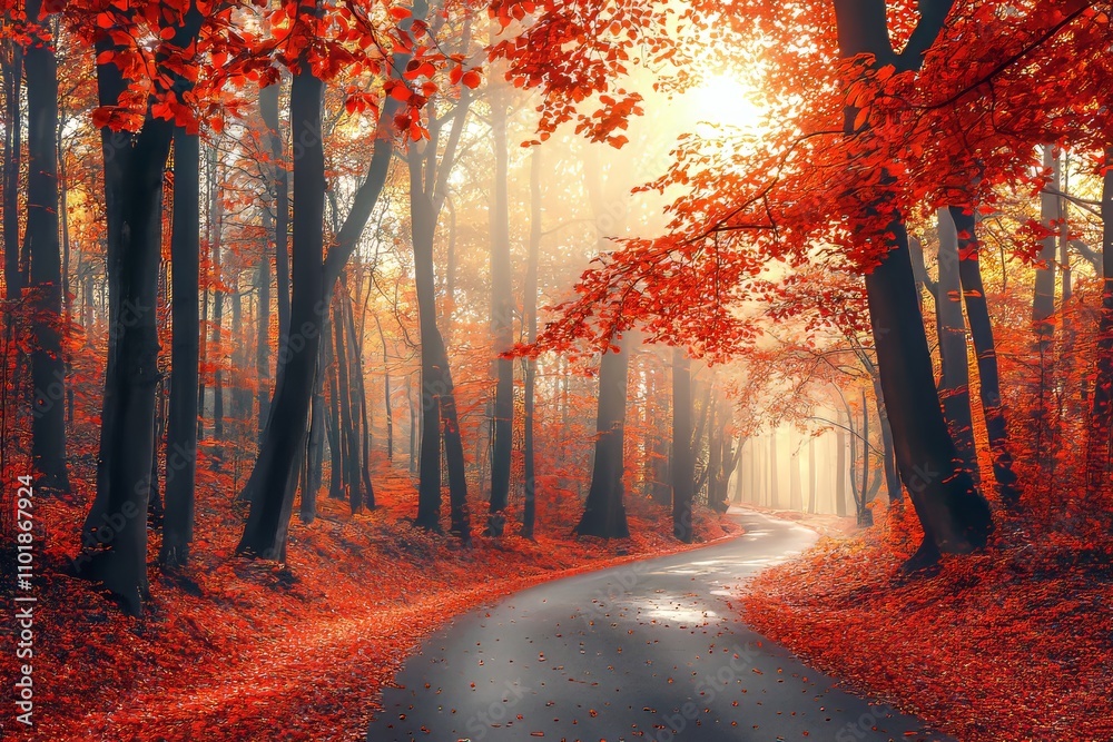 Poster an autumn forest full of colorful trees and autumn leaves surrounded by bright sunlight. an autumn f
