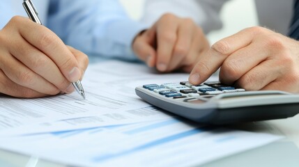 Elderly couple working together on a financial plan, focused on documents and a calculator, symbolizing teamwork and future security