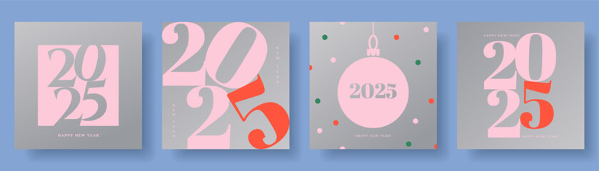 2025 typography сreative concept. Happy New Year set with numbers on silver background. Minimalistic trendy design template for branding, banner, poster, cover, card,  web, social media, print