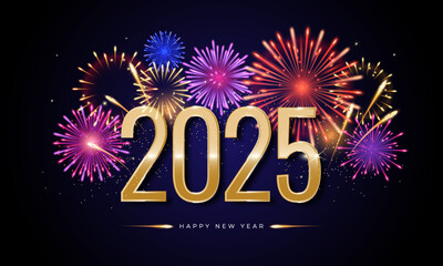 Happy New Year 2025 greeting banner with number and fireworks  on night background. Design template for poster, cover, greeting card, web, social media, print