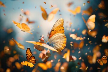A cluster of colorful butterflies fluttering through the air