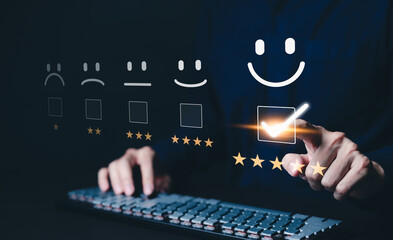 Customer satisfaction feedback, rating concept. A user selects a five-star rating on a virtual...