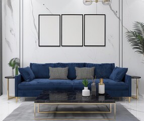 A modern living room with a blue velvet sofa. three black framed pictures and a marble coffee table