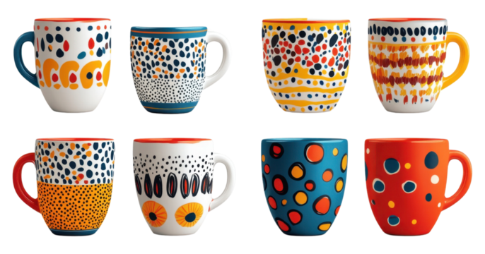Colorful collection of artistic mugs featuring unique designs for vibrant kitchen decor and delightful coffee experiences