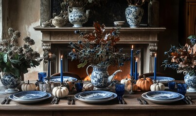 festive table setting for halloween, autumn decor, pumpkins and flowers, ceramics and gzhel painting