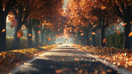 Autumn leaves falling along a serene countryside road in nature's embrace
