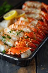 Freshly cooked lobsters served with lemon wedges, perfect for seafood platters or appetizers