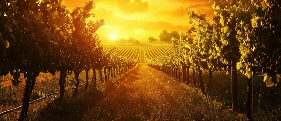 Golden sunset over scenic vineyard hills a serene natural landscape