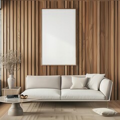 A modern living room interior with a wooden wall. a comfortable armchair and ottoman. and a large blank canvas for displaying artwork or text
