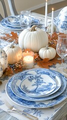 festive table setting for halloween, autumn decor, pumpkins and flowers, ceramics and gzhel painting