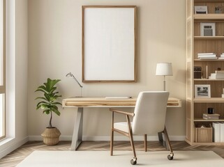 Minimalist home office interior with wooden desk. chair. bookshelf. and a framed poster mockup on the wall