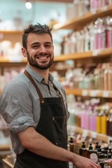 Fototapeta premium Portrait of a smiling happy friendly store employee in holiday shopping season