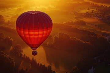 Obraz premium A hot air balloon soaring above a vibrant green landscape, perfect for travel or adventure themes
