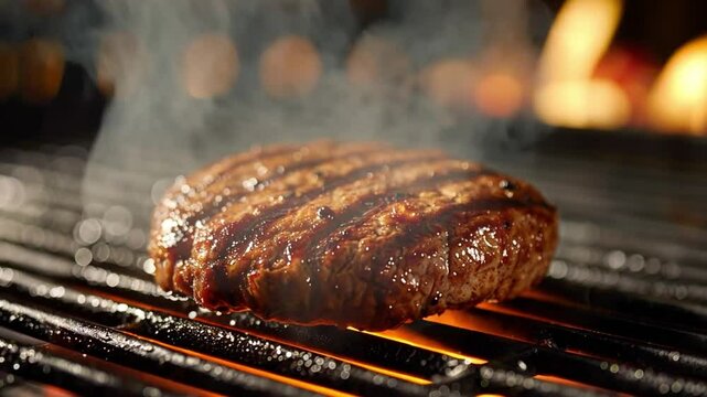 A perfectly cooked burger patty sits on a grill, the grill marks prominently visible as smoke rises into the air. It captures the essence of a summer barbecue gathering.