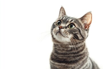 Obraz premium A gray and black cat looks up at something with curiosity
