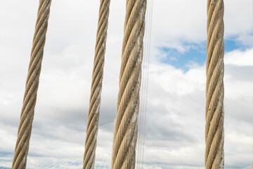 Detailed close-up of four support cables of the Forth road bridge, Queensferry, near Edinburgh, Scotland, UK