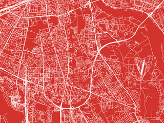 Christmas Map of Mokotow, Poland in Snowy White on Festive Red Background.