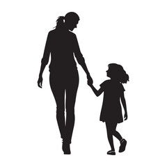 mother and father walking with their children hand by hand vector silhouette isolated on white background.
