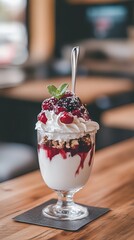 Close-up of a Delicious Dessert with Whipped Cream and Berries