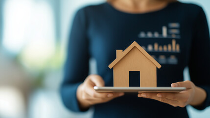 confident businesswoman holding house model and tablet with graphs