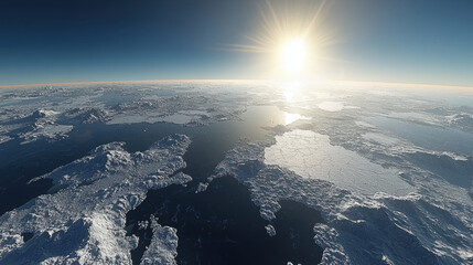 stunning 3D rendering of Earth showcasing shrinking ice caps under bright sun, highlighting effects of climate change on polar regions