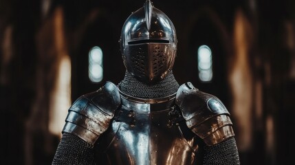Obraz premium Medieval Armor Displayed in Historic Hall with Soft Lighting