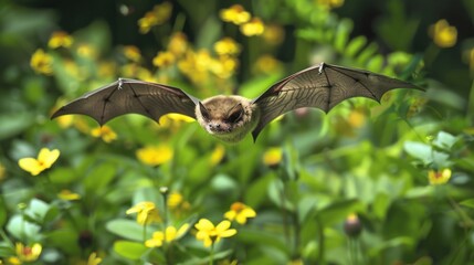 Fototapeta premium A bat flies above a field of bright yellow flowers, a warm and sunny day