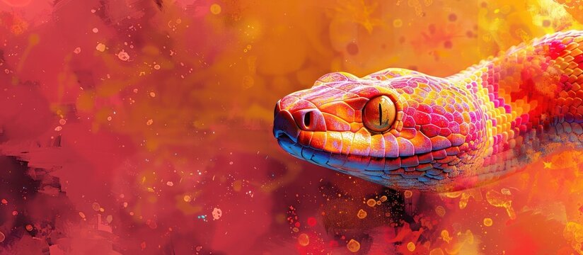 A captivating surreal portrait of a reptilian creature with its eye hypnotically drawing the viewer in  The scales are a dazzling display of vibrant psychedelic colors and patterns