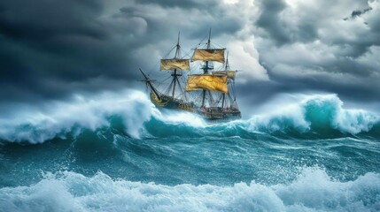 Naklejka premium Dramatic Pirate Ship Battling Stormy Waves Under Dark Clouds