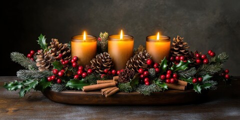 Christmas candle arrangement with glowing lights, pinecones, cinnamon sticks, and holly berries