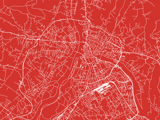 Christmas Map of Nowy Sacz, Poland in Snowy White on Festive Red Background.