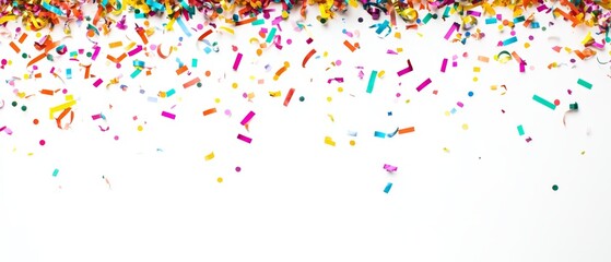 Background with colored confetti and streamers isolated on white background for birthday party or New Year's festivities and copy space