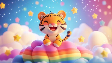 Happy Tiger Cub Sitting On Rainbow Cloud Amongst Stars