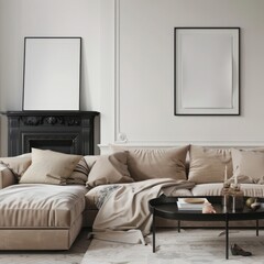 A minimalist living room interior with a fireplace. a sofa. a coffee table and a blank poster frame