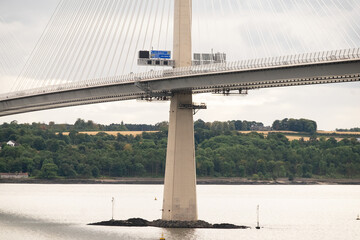 Detail of new Queensferry Crossing road bridge near Edinburgh,Scotland, UK, showing support pillar and road signs