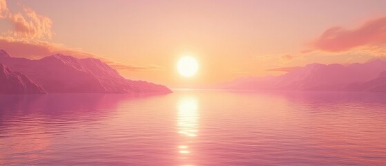 Fototapeta premium Vibrant sunset over a calm lake, soft pastel colors, glowing water, peaceful vibes, nature harmony, tranquility, and calm energy